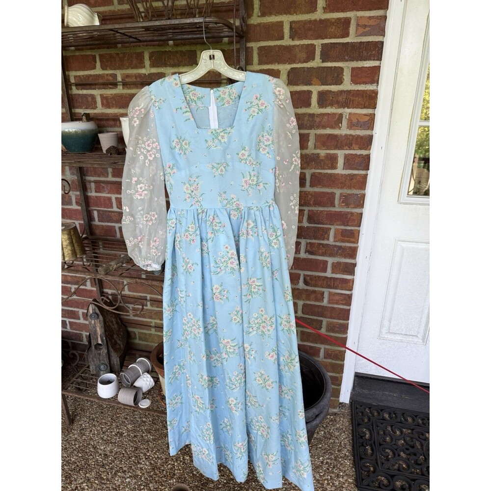 Handmade Vintage Blue Floral Prairie Dress Sheer Sleeves Cottagecore Midi Maxi S